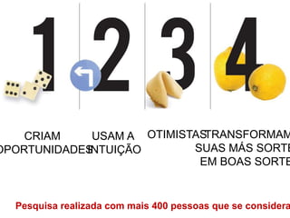 CRIAM
OPORTUNIDADES
USAM A
INTUIÇÃO
OTIMISTASTRANSFORMAM
SUAS MÁS SORTE
EM BOAS SORTE
Pesquisa realizada com mais 400 pessoas que se considera
 