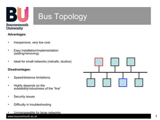 www.bournemouth.ac.uk 5
Bus Topology
Advantages:
• Inexpensive, very low cost
• Easy installation/implementation
(adding/removing)
• Ideal for small networks (netcafe, studios)
Disadvantages:
• Speed/distance limitations.
• Highly depends on the
availability/robustness of the “line”
• Security issues
• Difficulty in troubleshooting
• Unmanageable for large networks
 