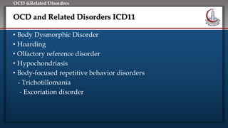 Click to edit Master title style
• Edit Master text styles
• Second level
• Third level
• Fourth level
• Fifth level
OCD &Related Disorders
OCD and Related Disorders ICD11
• Body Dysmorphic Disorder
• Hoarding
• Olfactory reference disorder
• Hypochondriasis
• Body-focused repetitive behavior disorders
- Trichotillomania
- Excoriation disorder
 