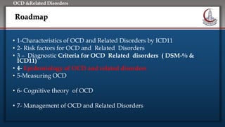 Click to edit Master title style
• Edit Master text styles
• Second level
• Third level
• Fourth level
• Fifth level
OCD &Related Disorders
Roadmap
• 1-Characteristics of OCD and Related Disorders by ICD11
• 2- Risk factors for OCD and Related Disorders
• 3 – Diagnostic Criteria for OCD Related disorders ( DSM-% &
ICD11)
• 4- Epidemiology of OCD and related disorders
• 5-Measuring OCD
• 6- Cognitive theory of OCD
• 7- Management of OCD and Related Disorders
 