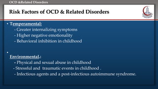 Click to edit Master title style
• Edit Master text styles
• Second level
• Third level
• Fourth level
• Fifth level
OCD &Related Disorders
Risk Factors of OCD & Related Disorders
• Temperamental:
- Greater internalizing symptoms
- Higher negative emotionality
- Behavioral inhibition in childhood
•
Environmental.:
- Physical and sexual abuse in childhood
- Stressful and traumatic events in childhood .
- Infectious agents and a post-infectious autoimmune syndrome.
 