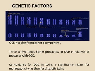 GENETIC FACTORS




OCD has significant genetic component .

Three to five times higher probability of OCD in relatives of
probands with OCD.

Concordance for OCD in twins is significantly higher for
monozygotic twins than for dizygotic twins .
 