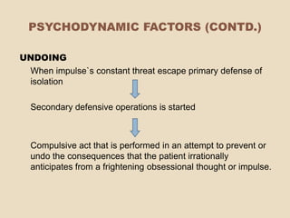 PSYCHODYNAMIC FACTORS (CONTD.)

UNDOING
 When impulse`s constant threat escape primary defense of
 isolation

  Secondary defensive operations is started



  Compulsive act that is performed in an attempt to prevent or
  undo the consequences that the patient irrationally
  anticipates from a frightening obsessional thought or impulse.
 