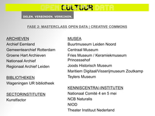 FASE 2: MASTERCLASS OPEN DATA | CREATIVE COMMONS


ARCHIEVEN                    MUSEA
Archief Eemland              Buurtmuseum Leiden Noord
Gemeentearchief Rotterdam    Centraal Museum
Groene Hart Archieven        Fries Museum / Keramiekmuseum
Nationaal Archief            Princessehof
Regionaal Archief Leiden     Joods Historisch Museum
                             Maritiem Digitaal/Visserijmuseum Zoutkamp
BIBLIOTHEKEN                 Teylers Museum
Wageningen UR bibliotheek
                             KENNISCENTRA/-INSTITUTEN
SECTORINSTITUTEN             Nationaal Comité 4 en 5 mei
Kunstfactor                  NCB Naturalis
                             NIOD
                             Theater Instituut Nederland
 