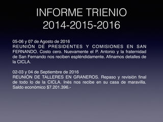 05-06 y 07 de Agosto de 2016
REUNIÓN DE PRESIDENTES Y COMISIONES EN SAN
FERNANDO. Costo cero. Nuevamente el P. Antonio y la fraternidad
de San Fernando nos reciben espléndidamente. Aﬁnamos detalles de
la CICLA.
02-03 y 04 de Septiembre de 2016
REUNIÓN DE TALLERES EN GRANEROS. Repaso y revisión ﬁnal
de todo lo de la CICLA. Inés nos recibe en su casa de maravilla.
Saldo económico $7.201.396.-
INFORME TRIENIO
2014-2015-2016
 