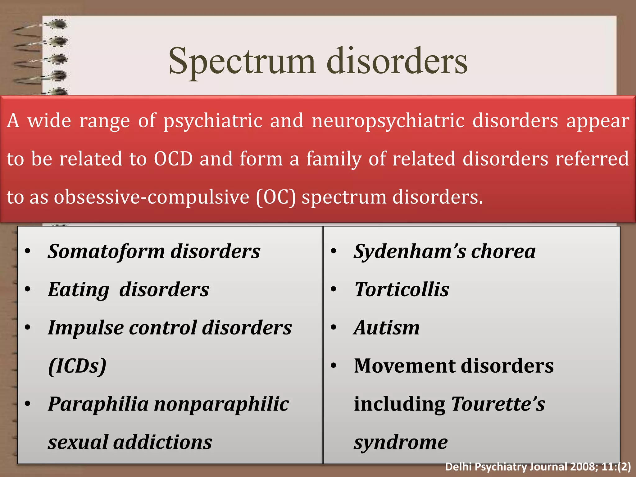 Spectrum disorders
A wide range of psychiatric and neuropsychiatric disorders appear
to be related to OCD and form a family of related disorders referred
to as obsessive-compulsive (OC) spectrum disorders.
• Somatoform disorders
• Eating disorders
• Impulse control disorders
(ICDs)
• Paraphilia nonparaphilic
sexual addictions
• Sydenham’s chorea
• Torticollis
• Autism
• Movement disorders
including Tourette’s
syndrome
Delhi Psychiatry Journal 2008; 11:(2)
 