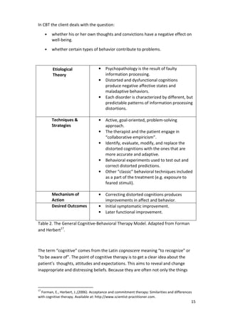 15 
In CBT the client deals with the question: 
• whether his or her own thoughts and convictions have a negative effect on 
well-being. 
• whether certain types of behavior contribute to problems. 
Etiological 
Theory 
• Psychopathology is the result of faulty 
information processing. 
• Distorted and dysfunctional cognitions 
produce negative affective states and 
maladaptive behaviors. 
• Each disorder is characterized by different, but 
predictable patterns of information processing 
distortions. 
Techniques  
Strategies 
• Active, goal-oriented, problem-solving 
approach. 
• The therapist and the patient engage in 
“collaborative empiricism”. 
• Identify, evaluate, modify, and replace the 
distorted cognitions with the ones that are 
more accurate and adaptive. 
• Behavioral experiments used to test out and 
correct distorted predictions. 
• Other “classic” behavioral techniques included 
as a part of the treatment (e.g. exposure to 
feared stimuli). 
Mechanism of 
Action 
• Correcting distorted cognitions produces 
improvements in affect and behavior. 
Desired Outcomes • Initial symptomatic improvement. 
• Later functional improvement. 
Table 2. The General Cognitive-Behavioral Therapy Model. Adapted from Forman 
and Herbert17. 
The term “cognitive” comes from the Latin cognoscere meaning “to recognize” or 
“to be aware of”. The point of cognitive therapy is to get a clear idea about the 
patient’s thoughts, attitudes and expectations. This aims to reveal and change 
inappropriate and distressing beliefs. Because they are often not only the things 
17 Forman, E., Herbert, J.,(2006). Acceptance and commitment therapy: Similarities and differences 
with cognitive therapy. Available at: http://www.scientist-practitioner.com. 
 