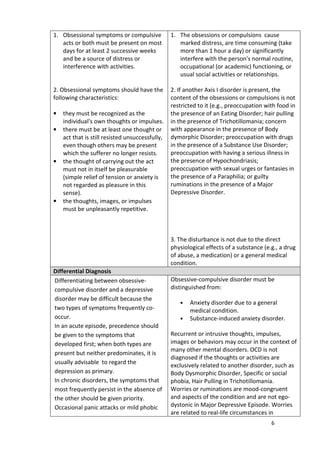 6 
1. Obsessional symptoms or compulsive 
acts or both must be present on most 
days for at least 2 successive weeks 
and be a source of distress or 
interference with activities. 
2. Obsessional symptoms should have the 
following characteristics: 
• they must be recognized as the 
individual's own thoughts or impulses. 
• there must be at least one thought or 
act that is still resisted unsuccessfully, 
even though others may be present 
which the sufferer no longer resists. 
• the thought of carrying out the act 
must not in itself be pleasurable 
(simple relief of tension or anxiety is 
not regarded as pleasure in this 
sense). 
• the thoughts, images, or impulses 
must be unpleasantly repetitive. 
1. The obsessions or compulsions cause 
marked distress, are time consuming (take 
more than 1 hour a day) or significantly 
interfere with the person's normal routine, 
occupational (or academic) functioning, or 
usual social activities or relationships. 
2. If another Axis I disorder is present, the 
content of the obsessions or compulsions is not 
restricted to it (e.g., preoccupation with food in 
the presence of an Eating Disorder; hair pulling 
in the presence of Trichotillomania; concern 
with appearance in the presence of Body 
dymorphic Disorder; preoccupation with drugs 
in the presence of a Substance Use Disorder; 
preoccupation with having a serious illness in 
the presence of Hypochondriasis; 
preoccupation with sexual urges or fantasies in 
the presence of a Paraphilia; or guilty 
ruminations in the presence of a Major 
Depressive Disorder. 
3. The disturbance is not due to the direct 
physiological effects of a substance (e.g., a drug 
of abuse, a medication) or a general medical 
condition. 
Differential Diagnosis 
Differentiating between obsessive-compulsive 
disorder and a depressive 
disorder may be difficult because the 
two types of symptoms frequently co-occur. 
In an acute episode, precedence should 
be given to the symptoms that 
developed first; when both types are 
present but neither predominates, it is 
usually advisable to regard the 
depression as primary. 
In chronic disorders, the symptoms that 
most frequently persist in the absence of 
the other should be given priority. 
Occasional panic attacks or mild phobic 
Obsessive-compulsive disorder must be 
distinguished from: 
• Anxiety disorder due to a general 
medical condition. 
• Substance-induced anxiety disorder. 
Recurrent or intrusive thoughts, impulses, 
images or behaviors may occur in the context of 
many other mental disorders. OCD is not 
diagnosed if the thoughts or activities are 
exclusively related to another disorder, such as 
Body Dysmorphic Disorder, Specific or social 
phobia, Hair Pulling in Trichotillomania. 
Worries or ruminations are mood-congruent 
and aspects of the condition and are not ego-dystonic 
in Major Depressive Episode. Worries 
are related to real-life circumstances in 
 