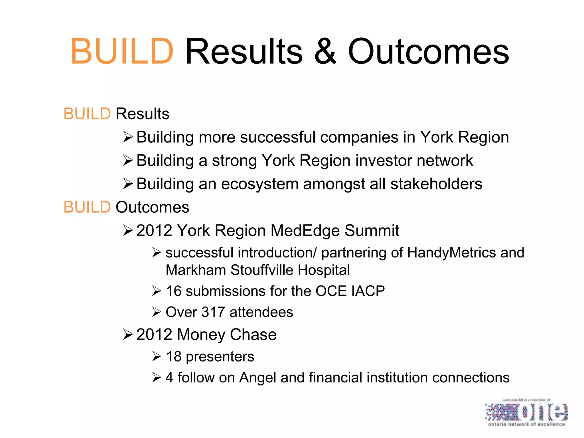 BUILD Results & Outcomes
BUILD Results
 Building more successful companies in York Region
 Building a strong York Region investor network
 Building an ecosystem amongst all stakeholders
BUILD Outcomes
 2012 York Region MedEdge Summit
 successful introduction/ partnering of HandyMetrics and
Markham Stouffville Hospital
 16 submissions for the OCE IACP
 Over 317 attendees

 2012 Money Chase
 18 presenters
 4 follow on Angel and financial institution connections

 