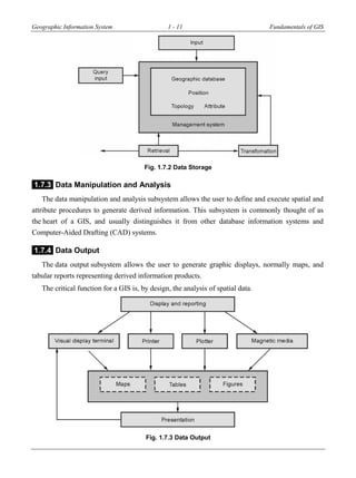 Geographic Information System 1 - 11 Fundamentals of GIS
Fig. 1.7.2 Data Storage
1.7.3 Data Manipulation and Analysis
The data manipulation and analysis subsystem allows the user to define and execute spatial and
attribute procedures to generate derived information. This subsystem is commonly thought of as
the heart of a GIS, and usually distinguishes it from other database information systems and
Computer-Aided Drafting (CAD) systems.
1.7.4 Data Output
The data output subsystem allows the user to generate graphic displays, normally maps, and
tabular reports representing derived information products.
The critical function for a GIS is, by design, the analysis of spatial data.
Fig. 1.7.3 Data Output
 