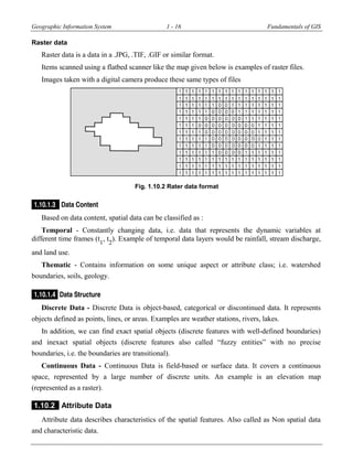 Geographic Information System 1 - 16 Fundamentals of GIS
Raster data
Raster data is a data in a .JPG, .TIF, .GIF or similar format.
Items scanned using a flatbed scanner like the map given below is examples of raster files.
Images taken with a digital camera produce these same types of files
Fig. 1.10.2 Rater data format
1.10.1.3 Data Content
Based on data content, spatial data can be classified as :
Temporal - Constantly changing data, i.e. data that represents the dynamic variables at
different time frames (t1
, t2
). Example of temporal data layers would be rainfall, stream discharge,
and land use.
Thematic - Contains information on some unique aspect or attribute class; i.e. watershed
boundaries, soils, geology.
1.10.1.4 Data Structure
Discrete Data - Discrete Data is object-based, categorical or discontinued data. It represents
objects defined as points, lines, or areas. Examples are weather stations, rivers, lakes.
In addition, we can find exact spatial objects (discrete features with well-defined boundaries)
and inexact spatial objects (discrete features also called “fuzzy entities” with no precise
boundaries, i.e. the boundaries are transitional).
Continuous Data - Continuous Data is field-based or surface data. It covers a continuous
space, represented by a large number of discrete units. An example is an elevation map
(represented as a raster).
1.10.2 Attribute Data
Attribute data describes characteristics of the spatial features. Also called as Non spatial data
and characteristic data.
 