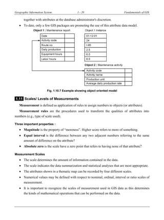 Geographic Information System 1 - 20 Fundamentals of GIS
together with attributes at the database administrator's discretion.
 To date, only a few GIS packages are promoting the use of this attribute data model.
Fig. 1.10.7 Example showing object oriented model
1.11 Scales/ Levels of Measurements
Measurement is defined as application of rules to assign numbers to objects (or attributes).
Measurement rules are the procedures used to transform the qualities of attributes into
numbers (e.g., type of scale used).
Three important properties :
 Magnitude is the property of “moreness”. Higher score refers to more of something.
 Equal interval is the difference between any two adjacent numbers referring to the same
amount of difference on the attribute?
 Absolute zero is the scale have a zero point that refers to having none of that attribute?
Measurement Scales
 The scale determines the amount of information contained in the data.
 The scale indicates the data summarization and statistical analyses that are most appropriate.
 The attributes shown in a thematic map can be recorded by four different scales.
 Numerical values may be defined with respect to nominal, ordinal, interval or ratio scales of
measurement.
 It is important to recognize the scales of measurement used in GIS data as this determines
the kinds of mathematical operations that can be performed on the data.
 