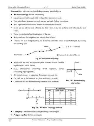 Geographic Information System 2 - 19 Spatial Data Models
Technical Publications
TM
- An up thrust for knowledge
Connectivity- Information about linkages among spatial objects
 Arc node topology defines connectivity
 arcs are connected to each other if they share a common node.
 This is the basis for many network tracing and path finding operations.
 Arcs represent linear features and the borders of area features.
 Every arc has a from-node which is the first vertex in the arc and a to-node which is the last
vertex.
 These two nodes define the direction of the arc.
 Nodes indicate the endpoints and intersections of arcs.
 They do not exist independently and therefore cannot be added or deleted except by adding
and deleting arcs.
Fig. 2.6.1 Arc-node Topology
 Nodes can be used to represent point features which connect
segments of a linear feature.
 (e.g., intersections connecting street segments, valves
connecting pipe segments).
 Arc-node topology is supported through an arc-node list.
 For each arc in the list there is a from node and a to node.
 Connected arcs are determined by common node numbers.
Fig. 2.6.3 Arc-Node Topology with list
 Contiguity- Information about neighbouring spatial object
 Polygon topology defines contiguity.
Fig. 2.6.2 Node showing
intersection
 