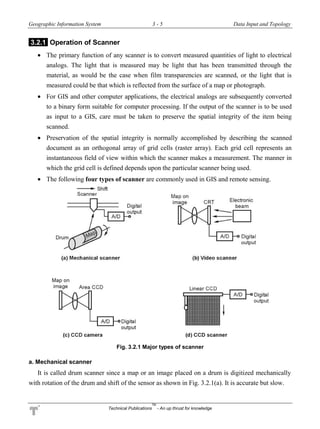 Geographic Information System 3 - 5 Data Input and Topology
Technical Publications
TM
- An up thrust for knowledge
3.2.1 Operation of Scanner
 The primary function of any scanner is to convert measured quantities of light to electrical
analogs. The light that is measured may be light that has been transmitted through the
material, as would be the case when film transparencies are scanned, or the light that is
measured could be that which is reflected from the surface of a map or photograph.
 For GIS and other computer applications, the electrical analogs are subsequently converted
to a binary form suitable for computer processing. If the output of the scanner is to be used
as input to a GIS, care must be taken to preserve the spatial integrity of the item being
scanned.
 Preservation of the spatial integrity is normally accomplished by describing the scanned
document as an orthogonal array of grid cells (raster array). Each grid cell represents an
instantaneous field of view within which the scanner makes a measurement. The manner in
which the grid cell is defined depends upon the particular scanner being used.
 The following four types of scanner are commonly used in GIS and remote sensing.
Fig. 3.2.1 Major types of scanner
a. Mechanical scanner
It is called drum scanner since a map or an image placed on a drum is digitized mechanically
with rotation of the drum and shift of the sensor as shown in Fig. 3.2.1(a). It is accurate but slow.
 