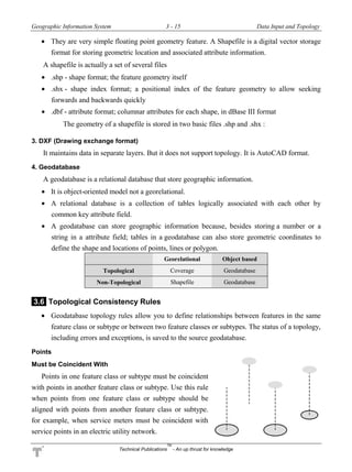 Geographic Information System 3 - 15 Data Input and Topology
Technical Publications
TM
- An up thrust for knowledge
 They are very simple floating point geometry feature. A Shapefile is a digital vector storage
format for storing geometric location and associated attribute information.
A shapefile is actually a set of several files
 .shp - shape format; the feature geometry itself
 .shx - shape index format; a positional index of the feature geometry to allow seeking
forwards and backwards quickly
 .dbf - attribute format; columnar attributes for each shape, in dBase III format
The geometry of a shapefile is stored in two basic files .shp and .shx :
3. DXF (Drawing exchange format)
It maintains data in separate layers. But it does not support topology. It is AutoCAD format.
4. Geodatabase
A geodatabase is a relational database that store geographic information.
 It is object-oriented model not a georelational.
 A relational database is a collection of tables logically associated with each other by
common key attribute field.
 A geodatabase can store geographic information because, besides storing a number or a
string in a attribute field; tables in a geodatabase can also store geometric coordinates to
define the shape and locations of points, lines or polygon.
Georelational Object based
Topological Coverage Geodatabase
Non-Topological Shapefile Geodatabase
3.6 Topological Consistency Rules
 Geodatabase topology rules allow you to define relationships between features in the same
feature class or subtype or between two feature classes or subtypes. The status of a topology,
including errors and exceptions, is saved to the source geodatabase.
Points
Must be Coincident With
Points in one feature class or subtype must be coincident
with points in another feature class or subtype. Use this rule
when points from one feature class or subtype should be
aligned with points from another feature class or subtype.
for example, when service meters must be coincident with
service points in an electric utility network.
 