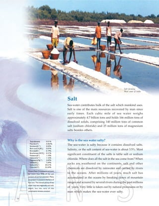 Salt
Sea-water contributes bulk of the salt which mankind uses.
Salt is one of the main resources recovered by man since
early times. Each cubic mile of sea water weighs
approximately 4.7 billion tons and holds 166 million tons of
dissolved solids, comprising 140 million tons of common
salt (sodium chloride) and 25 million tons of magnesium
salts besides others.
Why is the sea water salty?
The sea-water is salty because it contains dissolved salts.
Salinity, or the salt content of sea-water is about 3.5%. Most
significant constituent of the salts is table salt or sodium
chloride. Where does all the salt in the sea come from? When
rocks are weathered on the continents, salt and other
chemicals are dissolved by rainwater and carried by rivers
to the oceans. After millions of years, much salt has
accumulated in the oceans by breaking down of mountain
ranges and scoured by several rivers during the past millions
of years. Very little is taken out by natural processess or by
man which makes the sea-water ever salty.
Eleven Major Constituents account
for more than 99% of the salt
content of normal seawater. Many
are present in solution in the form of
free ions. The overall salinity of sea
water may vary regionally and with
depth, but the ratio of the
constituents remains constant.
Salt farming
West coast of India
Traceelements 0.01%
Flouride (F-
) 0.003%
Strontium(Sr++
) 0.04%
Boric acid (H2
BO3
) 0.07%
Bromide(Br-
) 0.19%
Bicarbonate (HCO-
3
) 0.41%
Potassium(K+
) 1.10%
Calcium(Ca++
) 1.16%
Magnesium(Mg++
) 3.69%
Sulfate(SO4
--
) 7.69%
Sodium(Na+
) 30.61%
Chloride(Cl-
) 55.04%
... .. 19
 