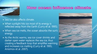  Sea ice also affects climate.
 When sunlight hits ice most of its energy is
reflected away from the Earth (Curry et al. 1995).
 When sea ice melts, the ocean absorbs the sun’s
energy.
 As the Arctic warms, sea ice cover shrinks and
darker open water replaces the sea ice, thus
creating a feedback loop that amplifies warming
and increases ice melting (Curry et al. 1995;
Anisimov et al. 2007).
 
