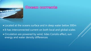Located at the oceans surface and in deep water below 300m
It has interconnected current on both local and global scales
Circulation are powered by wind, tides Coriolis effect, sun
energy and water density differences
 