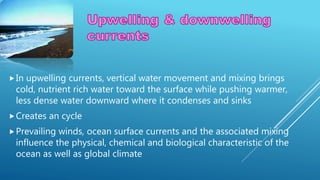 In upwelling currents, vertical water movement and mixing brings
cold, nutrient rich water toward the surface while pushing warmer,
less dense water downward where it condenses and sinks
Creates an cycle
Prevailing winds, ocean surface currents and the associated mixing
influence the physical, chemical and biological characteristic of the
ocean as well as global climate
 