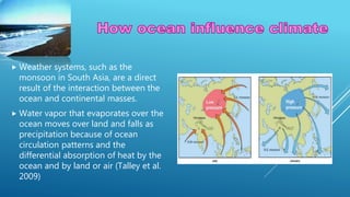  Weather systems, such as the
monsoon in South Asia, are a direct
result of the interaction between the
ocean and continental masses.
 Water vapor that evaporates over the
ocean moves over land and falls as
precipitation because of ocean
circulation patterns and the
differential absorption of heat by the
ocean and by land or air (Talley et al.
2009)
 