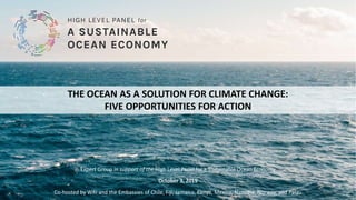 THE OCEAN AS A SOLUTION FOR CLIMATE CHANGE:
FIVE OPPORTUNITIES FOR ACTION
Expert Group in support of the High Level Panel for a Sustainable Ocean Economy
October 3, 2019
Co-hosted by WRI and the Embassies of Chile, Fiji, Jamaica, Kenya, Mexico, Namibia, Norway, and Palau
 