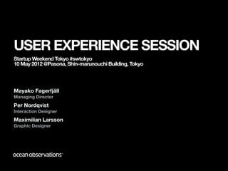 USER EXPERIENCE SESSION
Startup Weekend Tokyo #swtokyo
10 May 2012 @Pasona, Shin-marunouchi Building, Tokyo




Mayako Fagerfjäll
Managing Director
Per Nordqvist
Interaction Designer
Maximilian Larsson
Graphic Designer
 