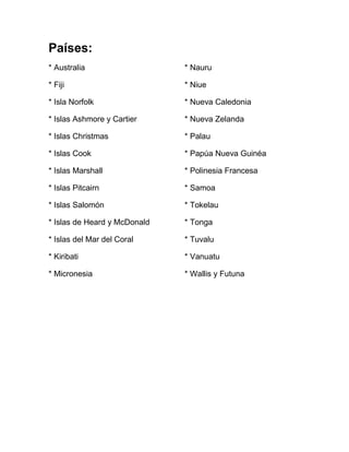 Países:
* Australia

* Nauru

* Fiji

* Niue

* Isla Norfolk

* Nueva Caledonia

* Islas Ashmore y Cartier

* Nueva Zelanda

* Islas Christmas

* Palau

* Islas Cook

* Papúa Nueva Guinéa

* Islas Marshall

* Polinesia Francesa

* Islas Pitcairn

* Samoa

* Islas Salomón

* Tokelau

* Islas de Heard y McDonald

* Tonga

* Islas del Mar del Coral

* Tuvalu

* Kiribati

* Vanuatu

* Micronesia

* Wallis y Futuna

 