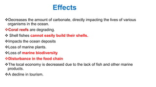 Effects
Decreases the amount of carbonate, directly impacting the lives of various
organisms in the ocean.
Coral reefs are degrading.
 Shell fishes cannot easily build their shells.
Impacts the ocean deposits
Loss of marine plants.
Loss of marine biodiversity
Disturbance in the food chain
The local economy is decreased due to the lack of fish and other marine
products.
A decline in tourism.
 