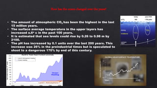 • The amount of atmospheric CO2 has been the highest in the last
15 million years.
• The surface average temperature in the upper layers has
increased o.6o c in the past 100 years.
• It is estimated that sea levels could rise by 0.26 to 0.98 m by
2100.
• The pH has increased by 0.1 units over the last 200 years. This
increase was 26% in the preindustrial times but is speculated to
shoot to a dangerous 170% by end of this century.
How has the ocean changed over the years?
 