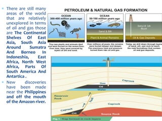  There are still many
areas of the world
that are relatively
unexplored in terms
of oil and gas those
are The Continental
Shelves Of East
Asia, South Asia
Around Sumatra
And Borneo In
Indoneshia, East
Africa, North West
Africa, Parts Of
South America And
Antartica .
 New discoveries
have been made
near the Philippines
and off the mouth
of the Amazon river.
 