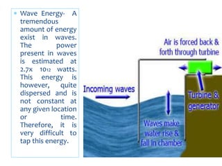  Wave Energy- A
tremendous
amount of energy
exist in waves.
The power
present in waves
is estimated at
2.7x 1012 watts.
This energy is
however, quite
dispersed and is
not constant at
any given location
or time.
Therefore, it is
very difficult to
tap this energy.
 
