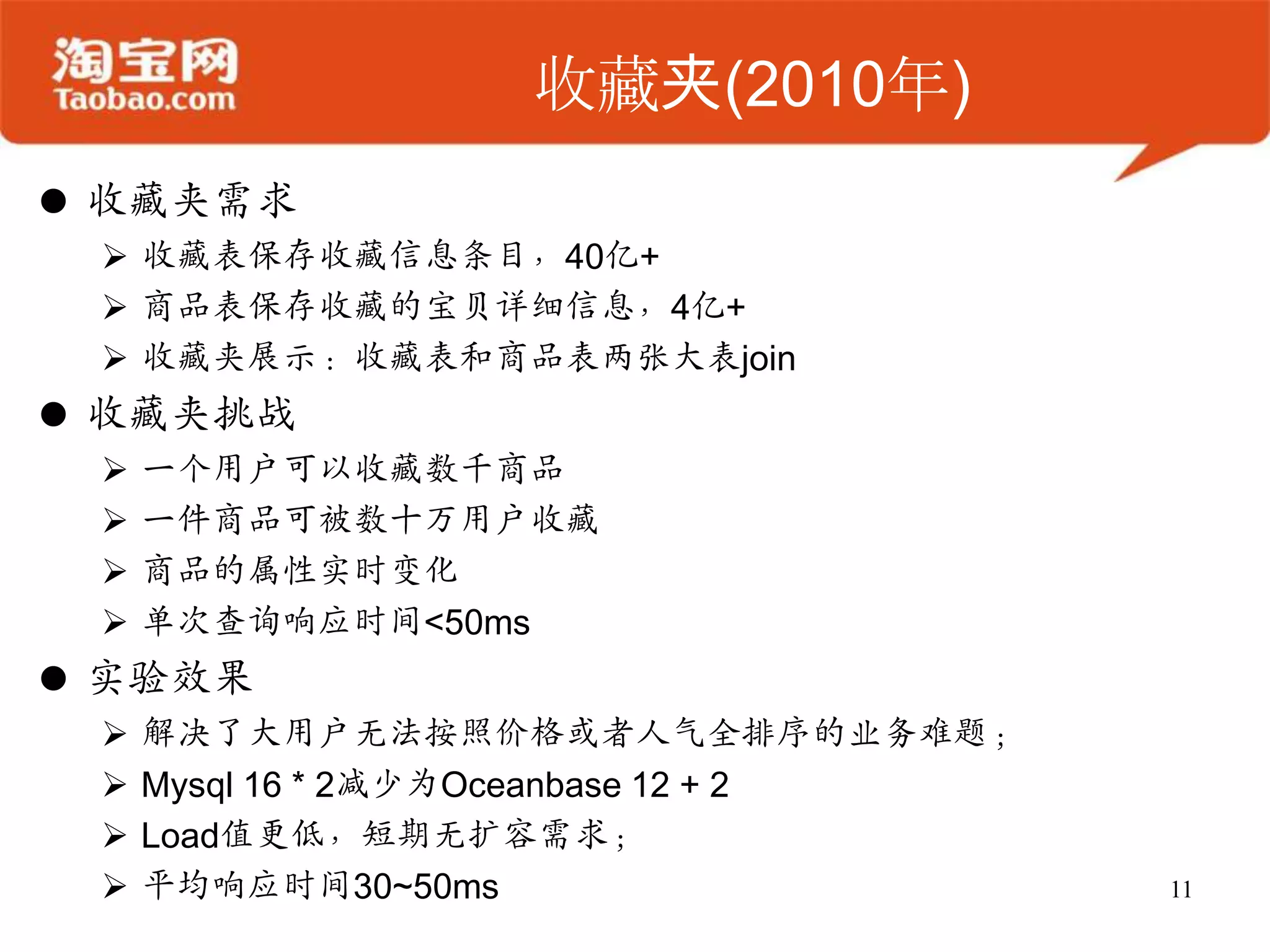 收藏夹(2010年)
 收藏夹需求
  收藏表保存收藏信息条目，40亿+
  商品表保存收藏的宝贝详细信息，4亿+
  收藏夹展示：收藏表和商品表两张大表join
 收藏夹挑战
    一个用户可以收藏数千商品
    一件商品可被数十万用户收藏
    商品的属性实时变化
    单次查询响应时间<50ms
 实验效果
    解决了大用户无法按照价格或者人气全排序的业务难题；
    Mysql 16 * 2减少为Oceanbase 12 + 2
    Load值更低，短期无扩容需求；
    平均响应时间30~50ms                     11
 