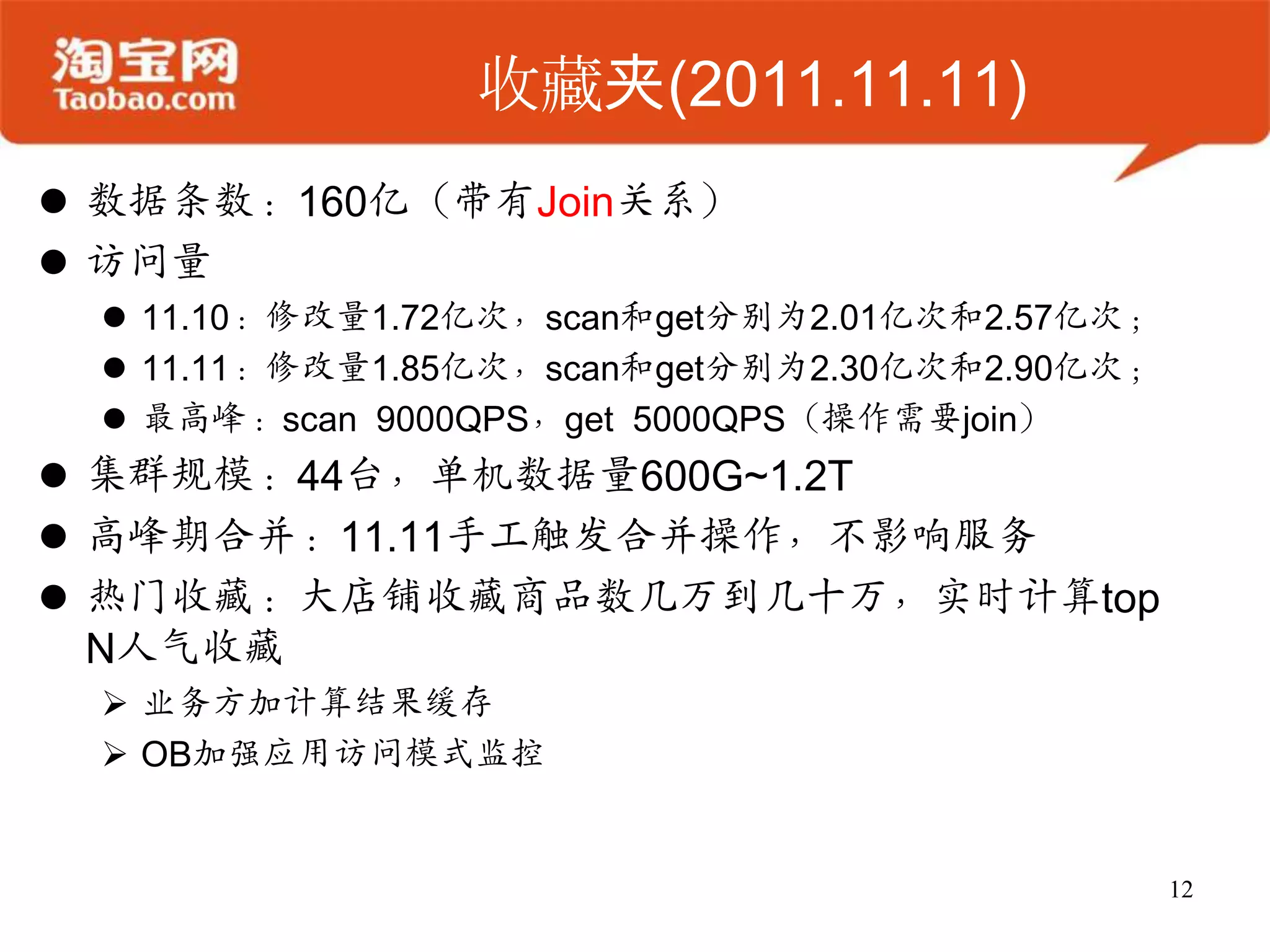 收藏夹(2011.11.11)
 数据条数：160亿（带有Join关系）
 访问量
  11.10：修改量1.72亿次，scan和get分别为2.01亿次和2.57亿次；
  11.11：修改量1.85亿次，scan和get分别为2.30亿次和2.90亿次；
  最高峰：scan 9000QPS，get 5000QPS（操作需要join）
 集群规模：44台，单机数据量600G~1.2T
 高峰期合并：11.11手工触发合并操作，不影响服务
 热门收藏：大店铺收藏商品数几万到几十万，实时计算top
  N人气收藏
  业务方加计算结果缓存
  OB加强应用访问模式监控


                                               12
 