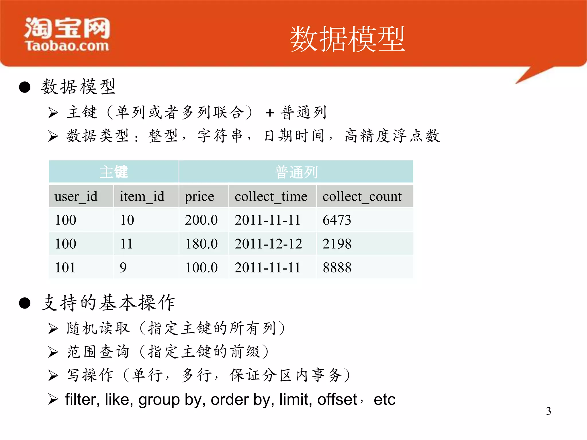 数据模型
 数据模型
  主键（单列或者多列联合） + 普通列
  数据类型：整型，字符串，日期时间，高精度浮点数

            主键                       普通列
  user_id    item_id   price   collect_time   collect_count
  100        10        200.0   2011-11-11     6473
  100        11        180.0   2011-12-12     2198
  101        9         100.0   2011-11-11     8888

 支持的基本操作
    随机读取（指定主键的所有列）
    范围查询（指定主键的前缀）
    写操作（单行，多行，保证分区内事务）
    filter, like, group by, order by, limit, offset，etc
                                                              3
 