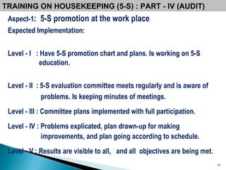 Aspect-1 :  5-S promotion at the work place Expected Implementation: Level - I  : Have 5-S promotion chart and plans. Is working on 5-S education. Level - II  : 5-S evaluation committee meets regularly and is aware of  problems. Is keeping minutes of meetings. Level - III : Committee plans implemented with full participation. Level - IV : Problems explicated, plan drawn-up for making improvements, and plan going according to schedule. Level - V : Results are visible to all,  and all  objectives are being met . TRAINING ON HOUSEKEEPING (5-S) : PART - IV (AUDIT) 