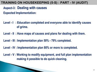 Aspect-3 :  Dealing with causes Expected Implementation: Level - I  : Education completed and everyone able to identify causes of grime. Level - II  : Have maps of causes and plans for dealing with them. Level - III : Implementation plan 50% - 79% completed. Level - IV : Implementation plan 80% or more is completed. Level - V : Working to modify equipment, and full plan implementation making it possible to do quick cleaning. TRAINING ON HOUSEKEEPING (5-S) : PART - IV (AUDIT) 