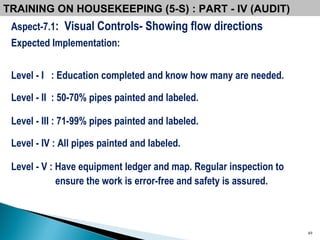 Aspect-7.1 :  Visual Controls- Showing flow directions Expected Implementation: Level - I  : Education completed and know how many are needed. Level - II  : 50-70% pipes painted and labeled. Level - III : 71-99% pipes painted and labeled. Level - IV : All pipes painted and labeled. Level - V : Have equipment ledger and map. Regular inspection to ensure the work is error-free and safety is assured. TRAINING ON HOUSEKEEPING (5-S) : PART - IV (AUDIT) 