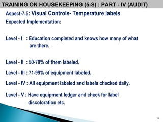 Aspect-7.5 : Visual Controls- Temperature labels  Expected Implementation: Level - I  : Education completed and knows how many of what  are there. Level - II  : 50-70% of them labeled. Level - III : 71-99% of equipment labeled. Level - IV : All equipment labeled and labels checked daily. Level - V : Have equipment ledger and check for label  discoloration etc. TRAINING ON HOUSEKEEPING (5-S) : PART - IV (AUDIT) 