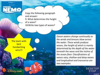 Copy the following paragraph
and answer:
9. What determines the height
of a wave?
10.Write two types of waves?
Ocean waters change continually as
the winds and breezes blow across
the water. These winds produce
waves, the height of which is mainly
determined by the depth of the water
beneath the wave and the incline of
the ocean floor. Classifications of
waves vary; shallow and deep waves
and longitudinal and transverse are
two examples.
The team with
best
handwriting
wins!!!
 