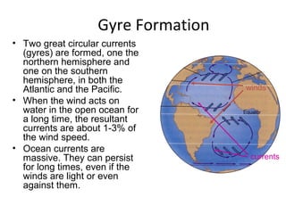 Gyre Formation
• Two great circular currents
  (gyres) are formed, one the
  northern hemisphere and
  one on the southern
  hemisphere, in both the
  Atlantic and the Pacific.         winds
• When the wind acts on
  water in the open ocean for
  a long time, the resultant
  currents are about 1-3% of
  the wind speed.
• Ocean currents are
  massive. They can persist          currents
  for long times, even if the
  winds are light or even
  against them.
 