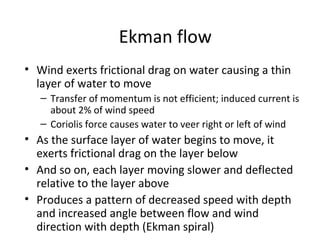 Ekman flow
• Wind exerts frictional drag on water causing a thin
  layer of water to move
   – Transfer of momentum is not efficient; induced current is
     about 2% of wind speed
   – Coriolis force causes water to veer right or left of wind
• As the surface layer of water begins to move, it
  exerts frictional drag on the layer below
• And so on, each layer moving slower and deflected
  relative to the layer above
• Produces a pattern of decreased speed with depth
  and increased angle between flow and wind
  direction with depth (Ekman spiral)
 