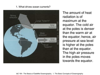 1. What drives ocean currents?

                                                           The amount of heat
                                                           radiation is of
                                                           maximum at the
                                                           equator. The cold air
                                                           at the poles is denser
                                                           than the warm air at
                                                           the equator; hence, air
                                                           pressure at sea level
                                                           is higher at the poles
                                                           than at the equator.
                                                           The high air pressure
                                                           in the poles moves
                                                           towards the equator.


IoE 184 - The Basics of Satellite Oceanography. 1. The Basic Concepts of Oceanography
 