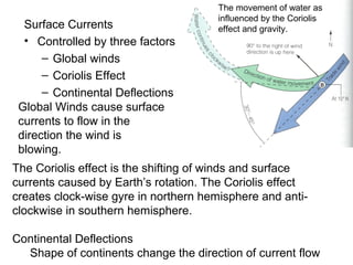 The movement of water as
                                       influenced by the Coriolis
  Surface Currents                     effect and gravity.
  • Controlled by three factors
      – Global winds
      – Coriolis Effect
      – Continental Deflections
 Global Winds cause surface
 currents to flow in the
 direction the wind is
 blowing.
The Coriolis effect is the shifting of winds and surface
currents caused by Earth’s rotation. The Coriolis effect
creates clock-wise gyre in northern hemisphere and anti-
clockwise in southern hemisphere.

Continental Deflections
  Shape of continents change the direction of current flow
 