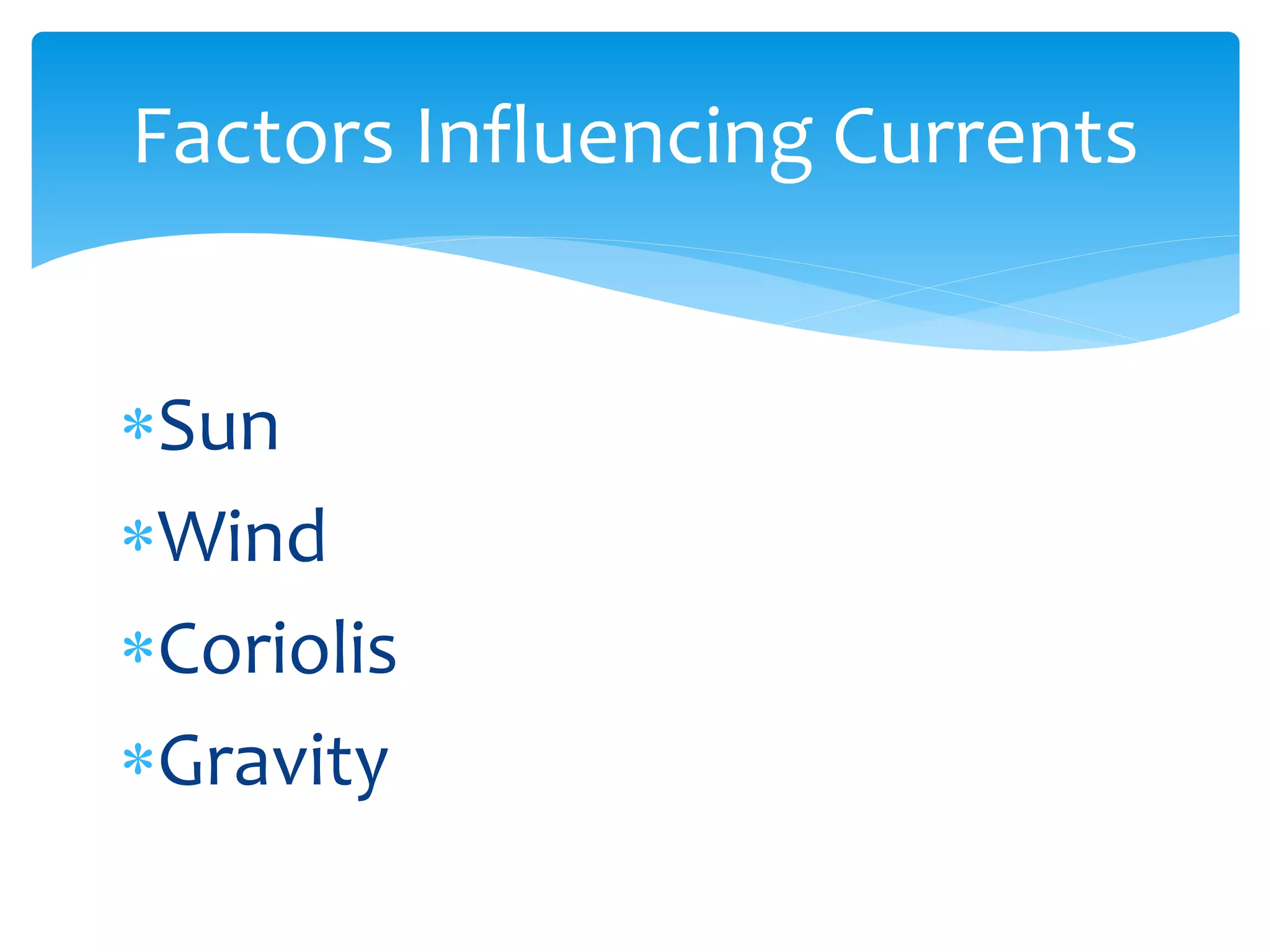 Factors  Influencing  Currents  


Sun  
Wind  
Coriolis  
Gravity  
  
 