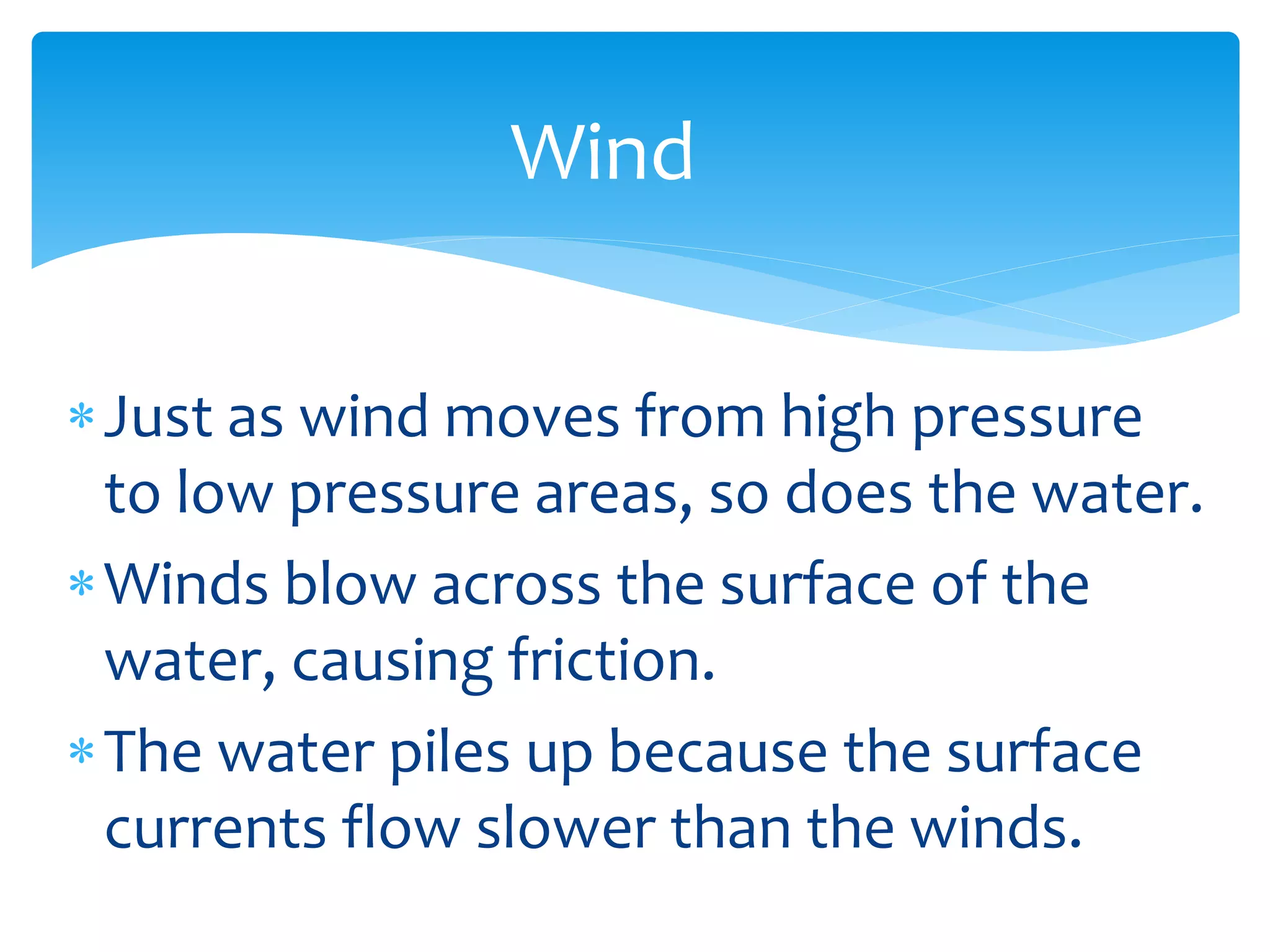 Wind  


     Just  as  wind  moves  from  high  pressure  
     to  low  pressure  areas,  so  does  the  water.  
     Winds  blow  across  the  surface  of  the  
     water,  causing  friction.  
     The  water  piles  up  because  the  surface  
     currents  flow  slower  than  the  winds.  
  
 