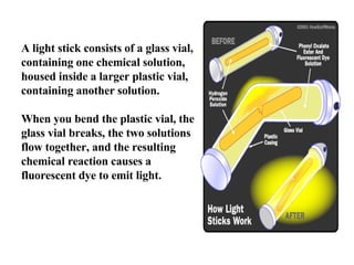 A light stick consists of a glass vial, containing one chemical solution, housed inside a larger plastic vial, containing another solution.  When you bend the plastic vial, the glass vial breaks, the two solutions flow together, and the resulting chemical reaction causes a fluorescent dye to emit light. 