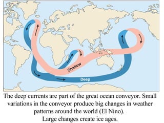 The deep currents are part of the great ocean conveyor. Small variations in the conveyor produce big changes in weather patterns around the world (El Nino).  Large changes create ice ages. 