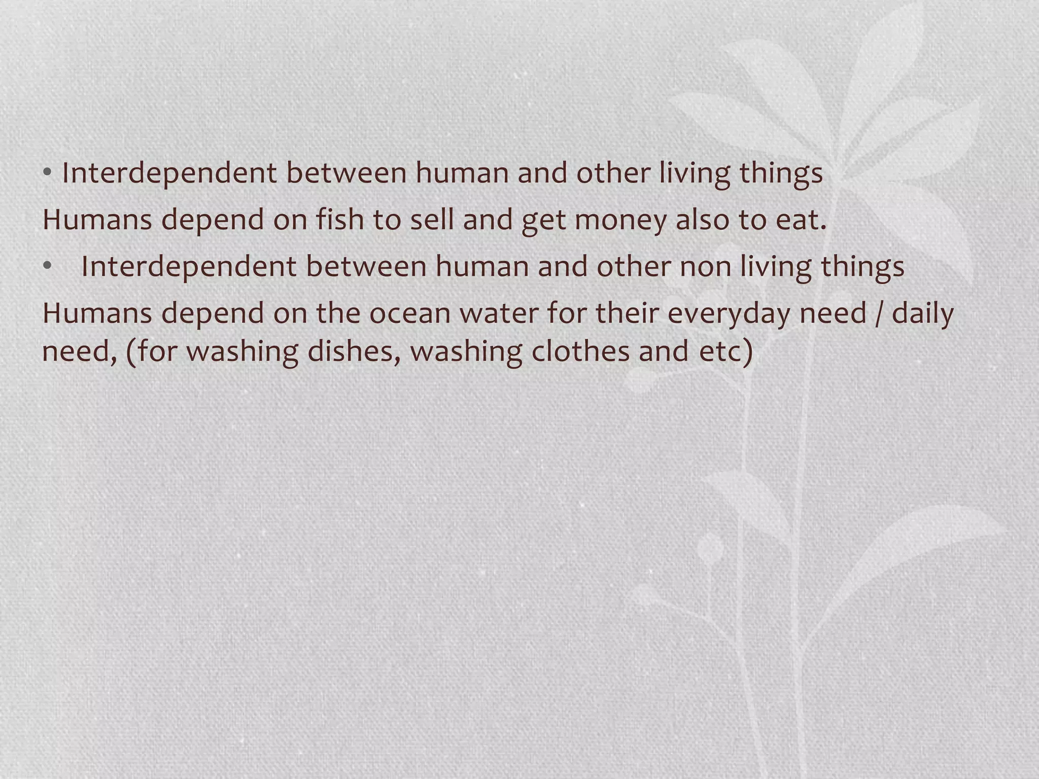 • Interdependent between human and other living things 
Humans depend on fish to sell and get money also to eat. 
• Interdependent between human and other non living things 
Humans depend on the ocean water for their everyday need / daily 
need, (for washing dishes, washing clothes and etc) 
 