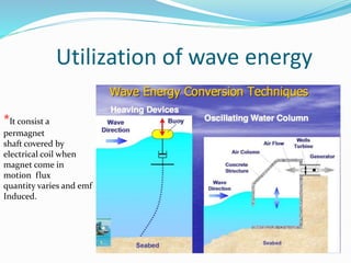 Utilization of wave energy
*It consist a
permagnet
shaft covered by
electrical coil when
magnet come in
motion flux
quantity varies and emf
Induced.
 
