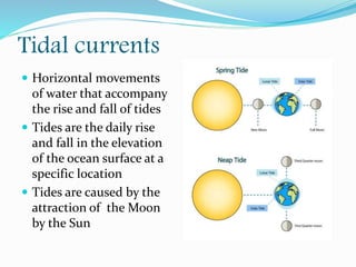 Tidal currents
 Horizontal movements
of water that accompany
the rise and fall of tides
 Tides are the daily rise
and fall in the elevation
of the ocean surface at a
specific location
 Tides are caused by the
attraction of the Moon
by the Sun
 